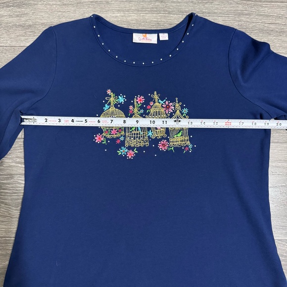Vintage Quacker Factory Navy Top with Beautiful Birdcage Embroidery 3/4 Sleeve M - Picture 9 of 13